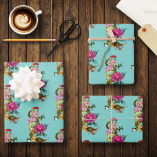 Bold Green Chinese Dragon Lotus Teal Tattoo Wrapping Paper Sheets