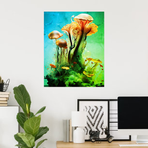 Bold Green Colored Translucent Mushrooms On a Wall Poster