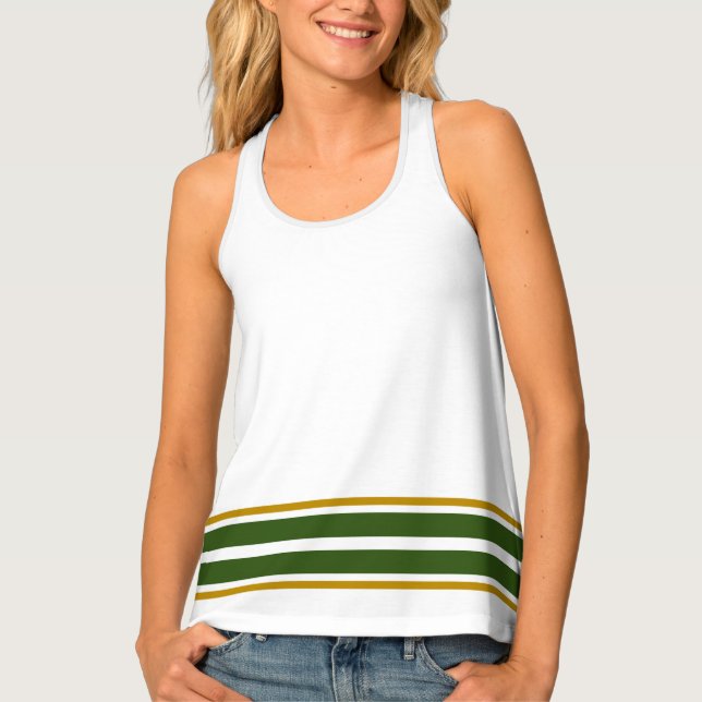 Bold Green Double Bottom Racing Stripes On White Tank Top (Front)