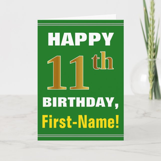 Bold, Green, Faux Gold 11th Birthday w/ Name Card (Front)