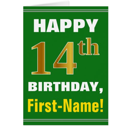 Bold Green Faux Gold 14th Birthday w Name Card