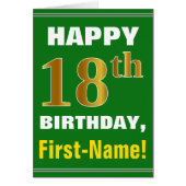 Bold, Green, Faux Gold 18th Birthday w/ Name Card (Front)