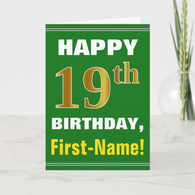Bold, Green, Faux Gold 19th Birthday w/ Name Card (Front)