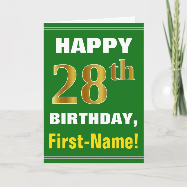 Bold, Green, Faux Gold 28th Birthday w/ Name Card (Front)