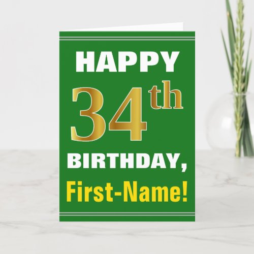 Bold Green Faux Gold 34th Birthday w Name Card