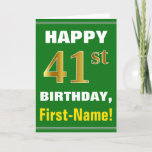 [ Thumbnail: Bold, Green, Faux Gold 41st Birthday W/ Name Card ]