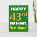 [ Thumbnail: Bold, Green, Faux Gold 43rd Birthday W/ Name Card ]