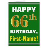 Bold, Green, Faux Gold 66th Birthday w/ Name Card (Front)