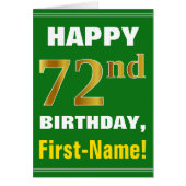 Bold, Green, Faux Gold 72nd Birthday w/ Name Card (Front)