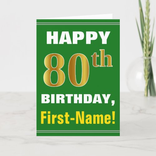 Bold Green Faux Gold 80th Birthday w Name Card