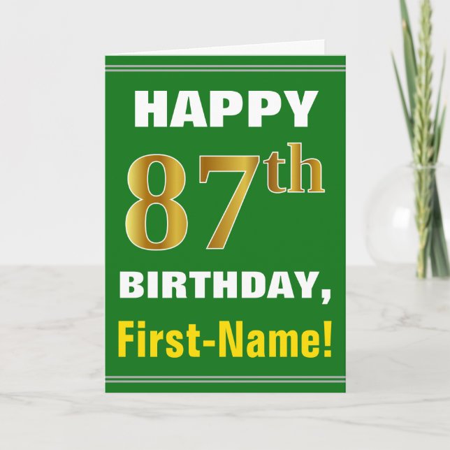 Bold, Green, Faux Gold 87th Birthday w/ Name Card (Front)