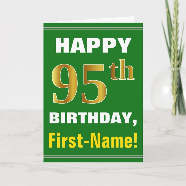 Bold, Green, Faux Gold 95th Birthday w/ Name Card (Front)