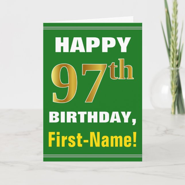 Bold, Green, Faux Gold 97th Birthday w/ Name Card (Front)