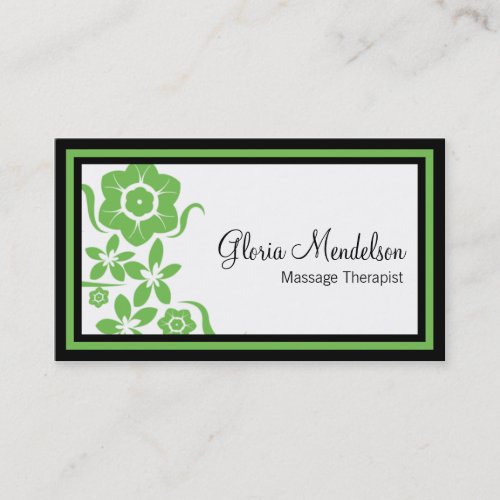Bold Green Floral Massage Therapy Business Card