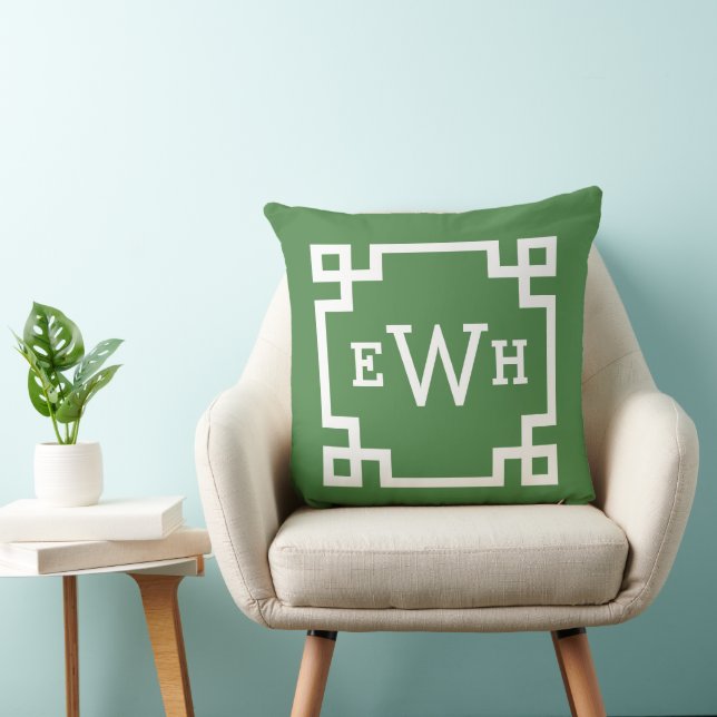 Bold Green Greek Key Monogram Initial Throw Pillow (Chair)