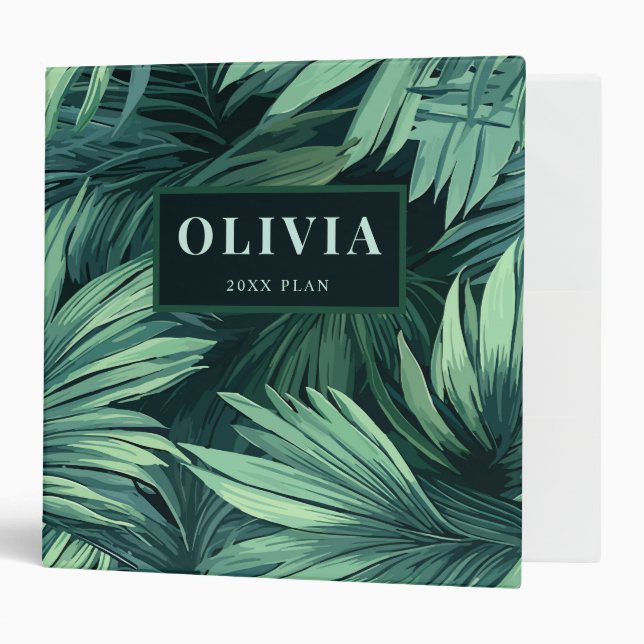 Bold green jungle tropical palm pattern 3 ring binder (Front/Inside)