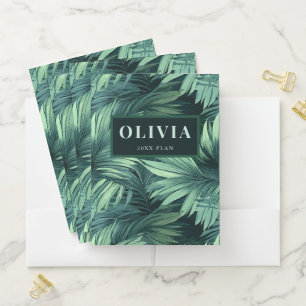 Bold green jungle tropical palm pattern pocket folder