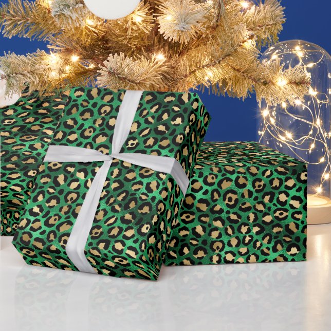 Bold Green Leopard Print | Glam Animal Pattern Wrapping Paper (Holidays)