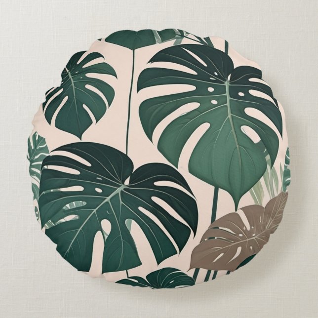 Bold Green Monstera Leaves Tropical Jungle  Round Pillow (Front)