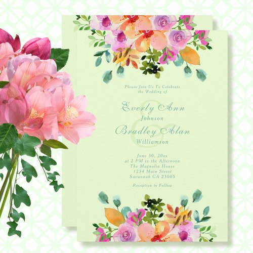 Bold Green Orange Pink Watercolor Floral Wedding   Invitation