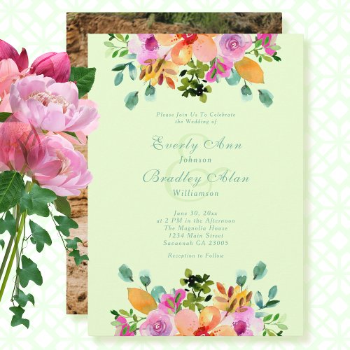 Bold Green Orange Pink Watercolor Floral Wedding   Invitation