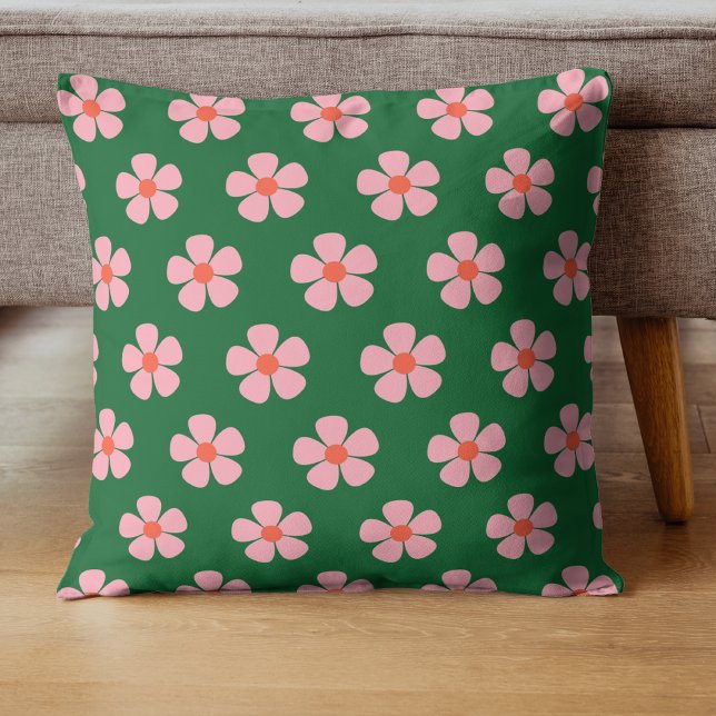 Bold Green & Pink Flower Tropical Whimsical Spring Throw Pillow (Creator Uploaded)