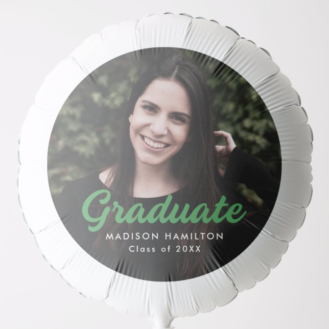 Bold Green Script Personalized Photo Graduation Balloon (Front)