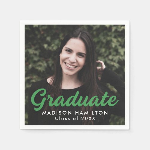 Bold Green Script Photo Graduation Napkins