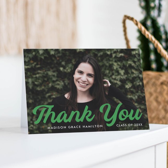 Bold Green Script Photo Graduation Thank You Card (Creator Uploaded)