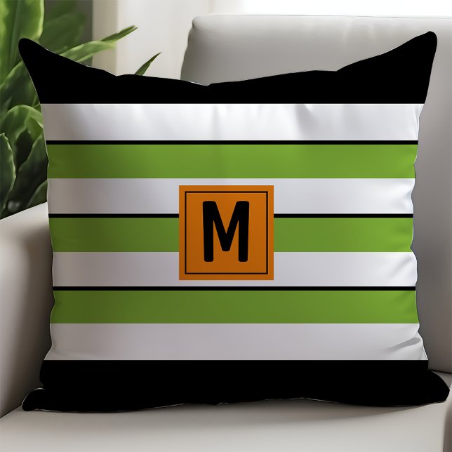 Bold Green Stripes Monogram Throw Pillow (Creator Uploaded)
