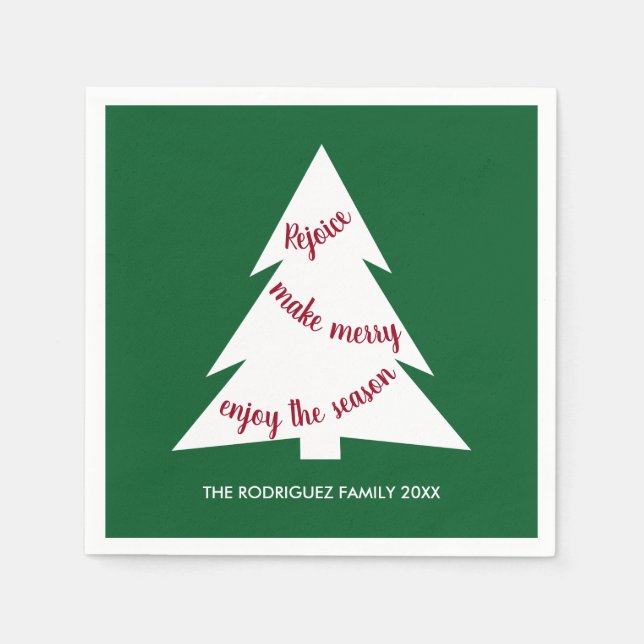 Bold Green White Christmas Tree Name Holiday Party Napkins (Front)