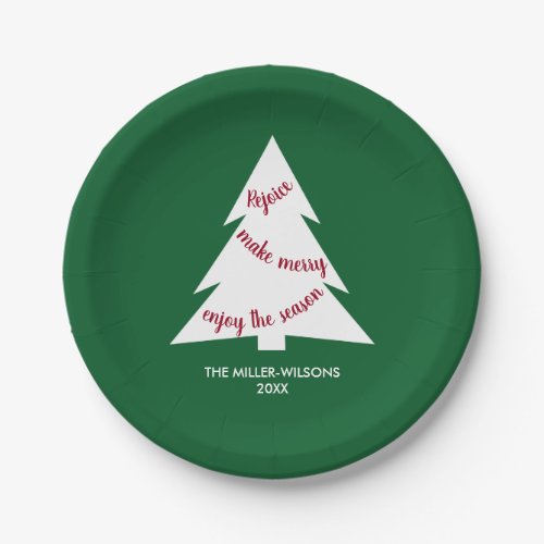 Bold Green White Christmas Tree Name Holiday Party Paper Plates