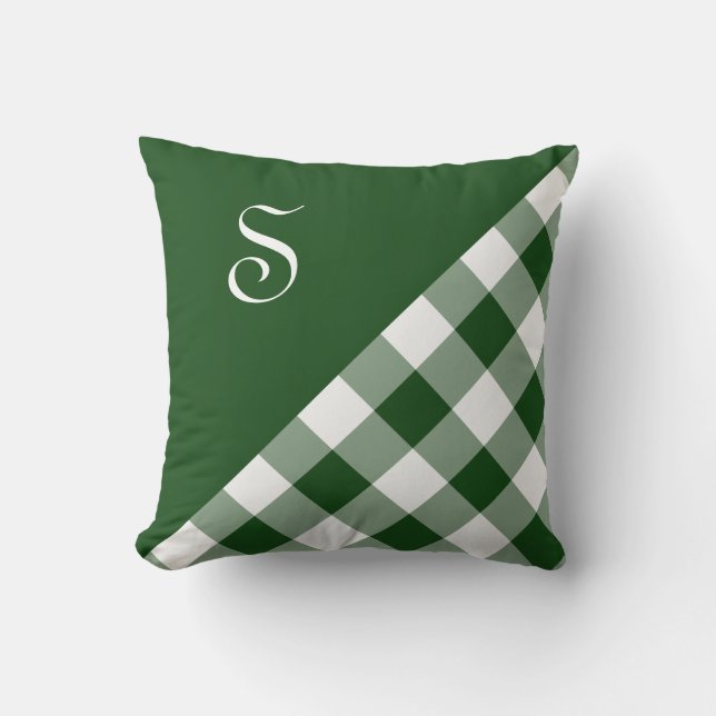 Bold Green White Gingham Plaid Pattern Monogram Throw Pillow (Front)