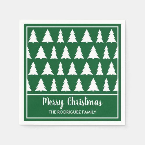 Bold Green White Tree Pattern Name Christmas Party Napkins