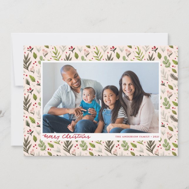 Bold Greenery Berries Christmas Photo Cream Holiday Card (Front)