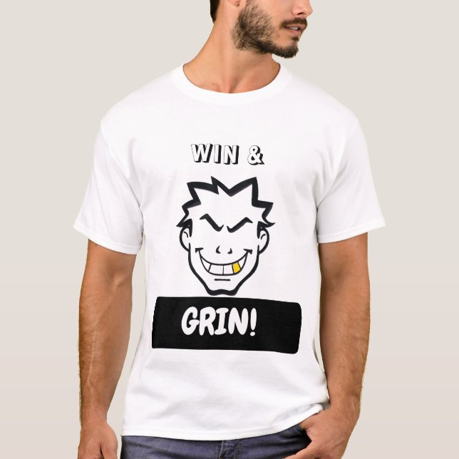 Bold Grinning Cartoon Face - Win & Grin T-Shirt (Front)