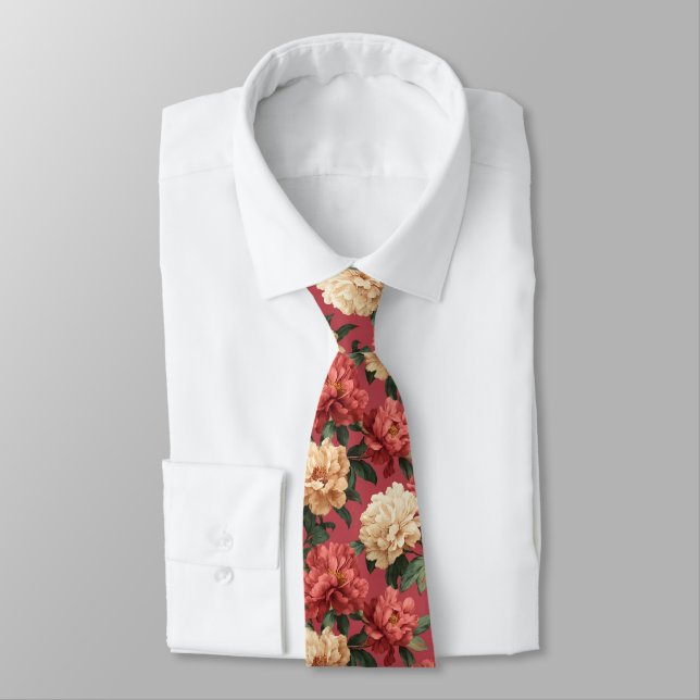 Bold Groomsman Gift Peonies Neck Tie (Tied)