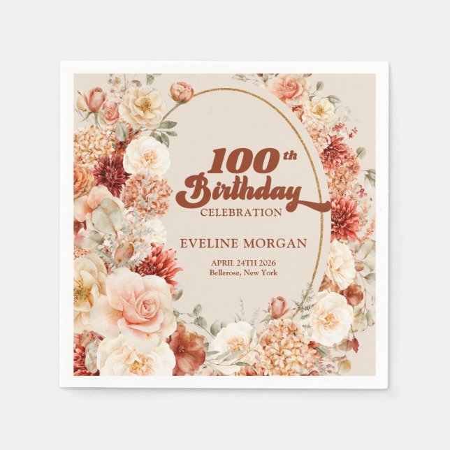 Bold groovy copper blush burgundy 100th birthday napkins (Front)