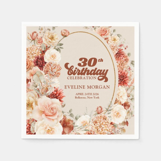 Bold groovy copper blush burgundy 30th birthday napkins (Front)