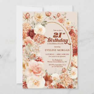 Bold groovy terracotta blush floral 21st birthday invitation