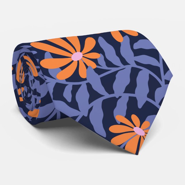 Bold groovy trailing flowers – blue orange neck tie (Rolled)
