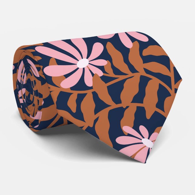 Bold groovy trailing flowers – brown navy blue neck tie (Rolled)