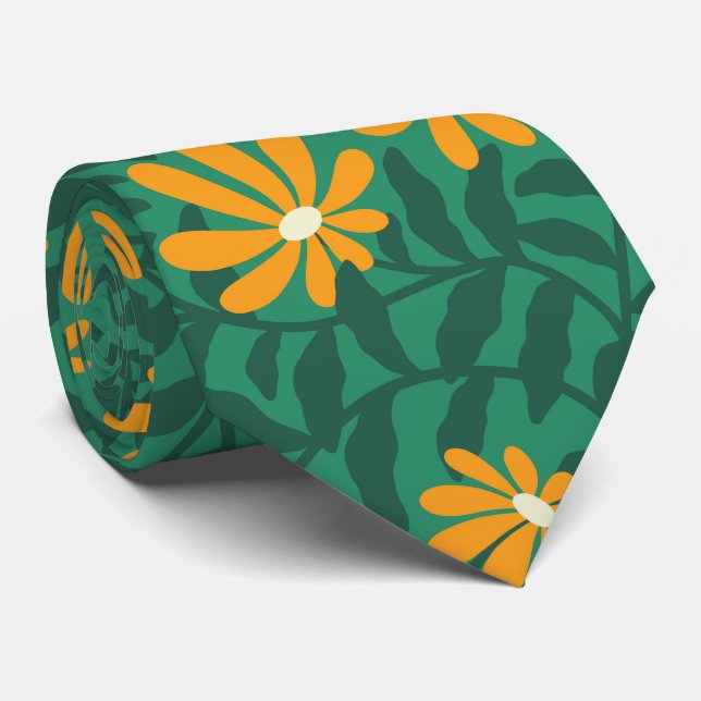 Bold groovy trailing flowers – green and orange neck tie (Rolled)