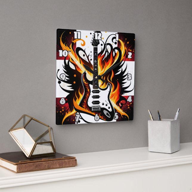 Bold guitar design with vivid colors square wall clock (Office)