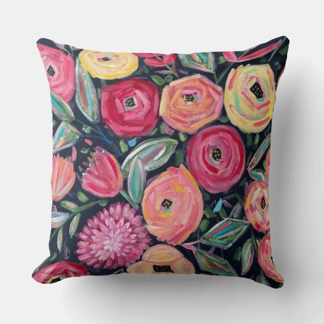 Bold Hand-Painted Floral Design  Throw Pillow (Front)