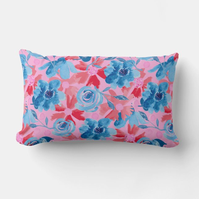 Bold Hand Painted Floral in Red Blue Pink Lumbar Pillow (Front)
