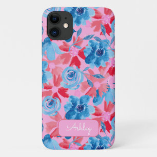 Bold Hand Painted Floral Red Blue Pink Monogram iPhone 11 Case