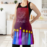 Bold Hanukkah Menorah Candles Red Peace Love Light Apron<br><div class="desc">“Peace, love & light.” Here’s a wonderful way add to the fun of your holiday baking. Add extra sparkle to your holiday culinary adventures whenever you wear this stunning, colorful, custom name Hanukkah apron. A playful, artsy illustration of blue menorah candles with colorful faux foil patterns and modern typography overlay...</div>