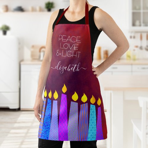 Bold Hanukkah Menorah Candles Red Peace Love Light Apron