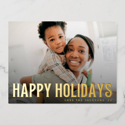 BOLD happy holidays text photo merry christmas Foil Holiday Postcard